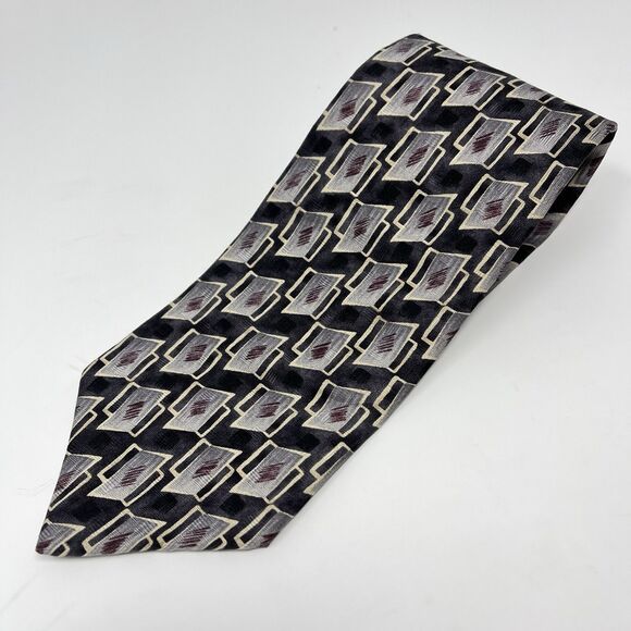 Savane Tie 100% Silk Black Cream Burgundy Modern Length 57 in  Width 4 in - Picture 1 of 7